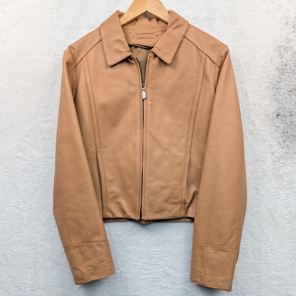 VTG Marcia Jacket Women's XL Tan Brown Leather Zip Up Tailored Streetwear Y2K